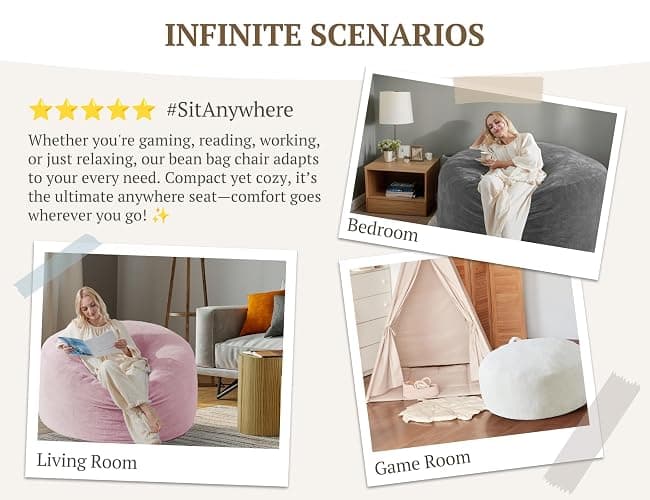 WSOFRLAC 3FT Bean Bag Chair, Comfy Bean Bag Chairs for Adults, Luxury Velvet Memory Foam Stuffed Beans Bags with Removable Cover, Adult Beanbag Chair with Filler for Living Room, Bedroom, Pink thumbnail 6