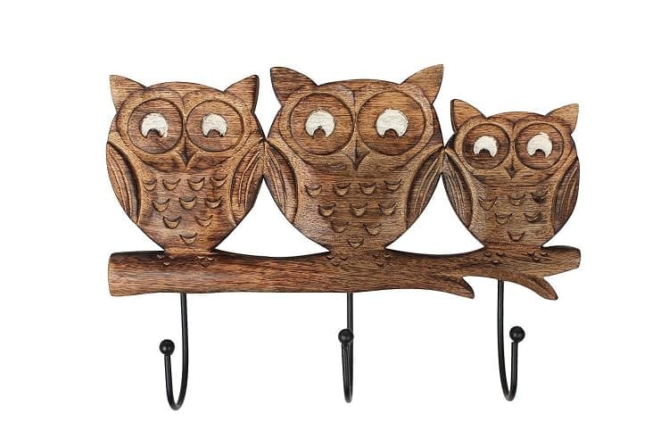 Ajuny Wooden Owl Design Wall Mounted Key Holder Rack with 3 Hook for Entryway, Mudroom, Kitchen, Hallway Decorative Key Cloth Holder Hanger (Brown, 15X5.9 Inch) - Image 1