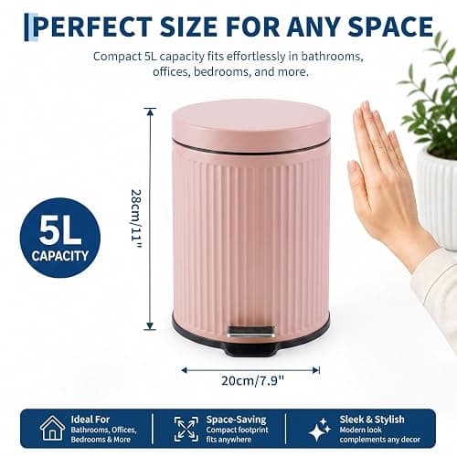Garvee Bathroom Trash Can, 5L/1.3 gal Round Wastebasket with Soft-Close Lid | Step Foot Pedal, Removable Inner Bucket, Brushed Stainless Steel, for Office, Bedroom, Toilet, Live Room-Pink thumbnail 2