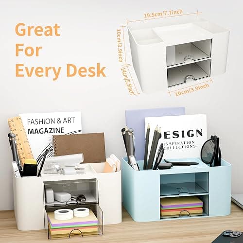 CasaCulina Desk Organizer with 2 Drawer, Multi-Functional Pencil Pen Holder, Plastic Desk Organizers and Storage with 5 Compartments for School Office Art Supplies (White) thumbnail 7