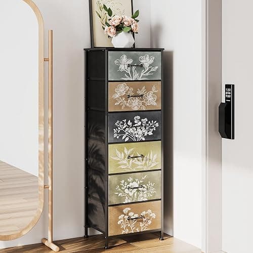 Tohomeor Vintage Dresser Vertical Nightstand with Neutral Botanical Plant Fabric Chest Drawers for Closet Bathroom Storage Tower Unit Bed Side Organizer Farmhouse Rustic (Multi, 6 Drawers) - Image 1
