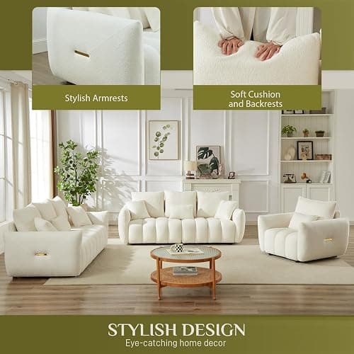 Wrofly Boucle Cloud Single Sofa Chair, Deep Seat with Pillow, Beige White | Deep-seat boucle chair with pillow, metal trim, sturdy frame (250lb), easy assembly. Great for living room thumbnail 5