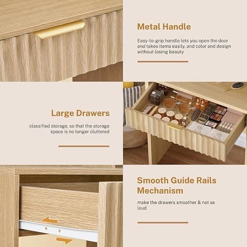 FIONESO Vanity Desk with Mirror and Lights, Makeup Vanity with 5 Drawers & Storage Shelves, 3 Color Modes & Adjustable Brightness, Fluted Vanity for Girls, Natural thumbnail 7