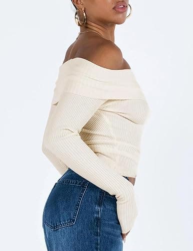 APRROOT Off The Shoulder Sweater for Women Long Sleeve Pullover Ribbed Knit Going Out Thumbhole Tops 2025 Fall Sexy Outfits thumbnail 3