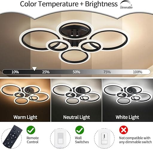Shine LUEST 6 Rings Black Modern LED Ceiling Light Fixture, Flush Mount Ceiling Light with Remote Dimmable Brightness, Adjustable 3000-6000K Color Temperature, Timer for Living Room, Bedroom - Black, 6 Rings thumbnail 5