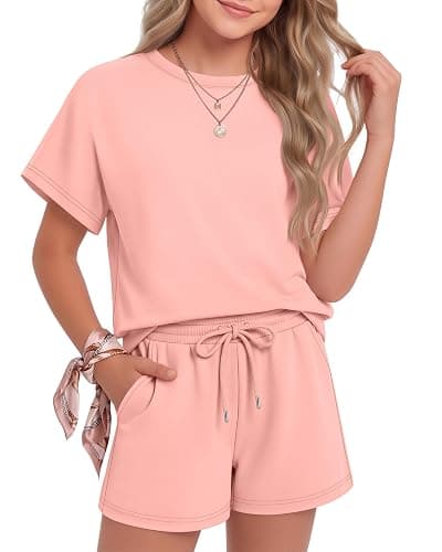 JoyMotion Girls 2 Piece Summer Outfits 5-14y Kids Short Sleeve T-shirt Drawstring Shorts Tween Matching Sets - Image 1