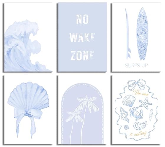 6pcs Blue Coastal Beach Wall Art Coastal Granddaughter Bow Shells Aesthetic Painting Picture Wall Decor No Wake Zone Preppy Poster Print Artwork for Living Room Bedroom Bathroom Dorm Home Decoration - Image 1