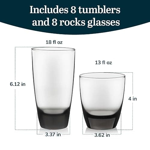 Libbey Classic Rocks and Tumbler Glasses Set of 16, Smoke Hue, Lead-Free Water Glasses, Dishwasher Safe Drinking Glasses Set thumbnail 3