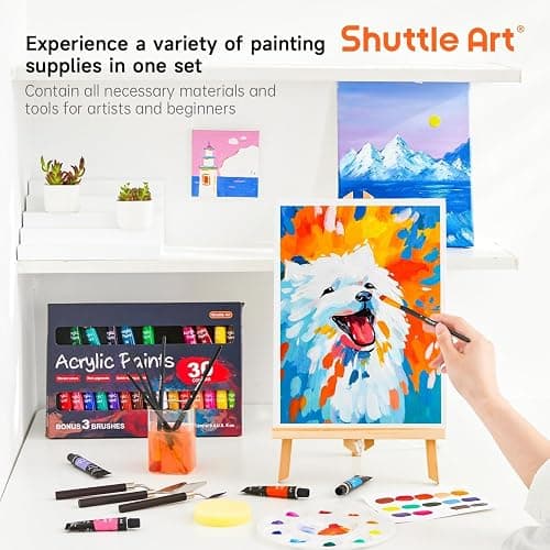 Shuttle Art 54 teiliges Acrylfarben Set, professionelles Malset mit Tischstaffelei, 30 Acrylfarben, Leinwand, Pinsel, Palette, komplettem Zubehör, Malset für Kinder und Erwachsene mit staffelei holz thumbnail 9