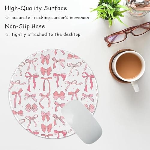 Cute Travel Round Mouse Pad Pink Bow Mouse Pads for Desk Kawaii Office Decor Desk Accessories Small Computer Mousepad Non-Slip Rubber Base Mouse Pad, Pink Bow thumbnail 2