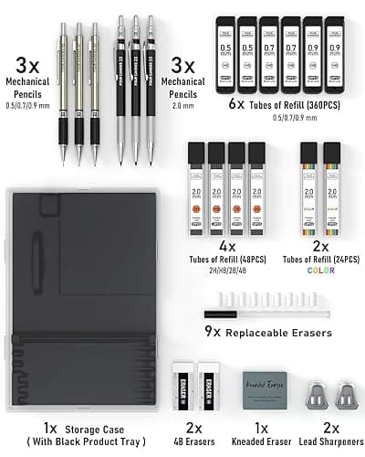Four Candies 25PCS Art Mechanical Pencil Set with Case, 3PCS Metal Lead Pencil 0.5, 0.7, 0.9 mm & 3PCS 2mm Holder (HB 2H 2B 4B Color) with 432PCS HB Leads Christmas Gifts for Teen Artist Drawing thumbnail 6