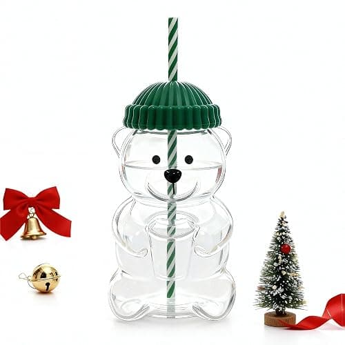 gaulofo 20oz Bear-Shaped Glass Cup, Cute Reusable Glass Tumbler with Lid and Straw for Coffee, Milk Tea, Birthday & Holiday Gift (Green) - Image 1