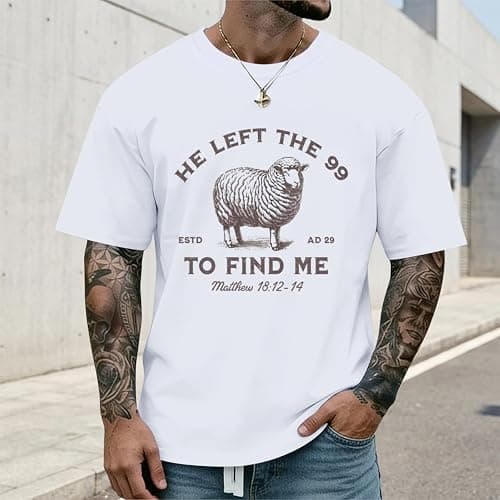 Weripoah He Left The 99 to Find Me Shirt Men Christian Graphic T-Shirts Jesus God Faith Shirts Religious Bible Verse Tees Top thumbnail 3