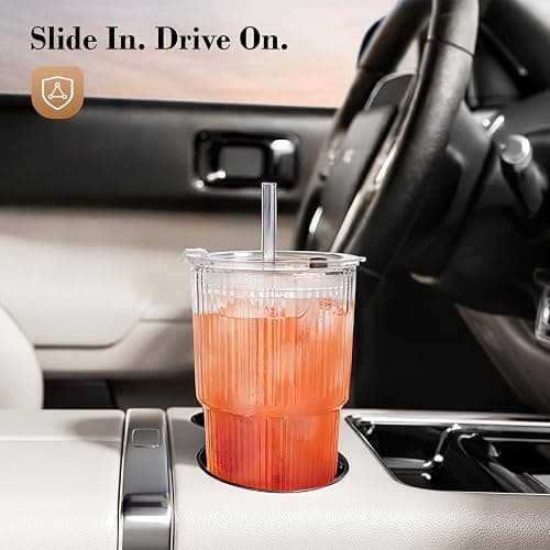 GOSCHE 20oz Glass Tumblers with Straws and Lids, Ribbed Iced Coffee Cups Leak-proof, Dishwasher Safe, Thickened Glass Cups with Lids Ideal for Coffee and Travel, Clear, 4 Pack thumbnail 2