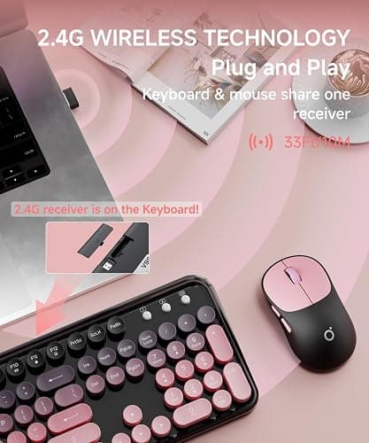EWEADN V96 Wireless Keyboard and Mouse Combo, 2.4G Wireless Full-Sized Retro Typewriter Style Keyboard with Round Keycaps, 104 Keys Computer Keyboards and Mouse for Windows/Mac/PC, Gradient Pink thumbnail 4