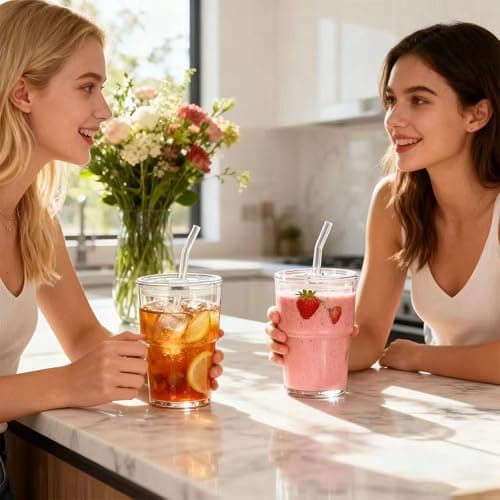 MINGHYZYA 13oz Glass Tumbler with Straw and Lid, Leak Proof Iced Coffee Cup, Thick Wall BPA Free Drinking Glass Water Cups for Iced Coffee, Matcha, Smoothie and Travel-(Clear-2pack) thumbnail 4