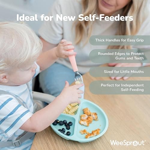 WeeSprout Toddler Utensils, 3 Forks & 3 Spoons, 18/8 Stainless Steel & Food Grade Silicone, Thick Easy-Grip Handles, Perfect Length For New Self Feeders, Gentle On Gums & Teeth, Dishwasher Safe thumbnail 4
