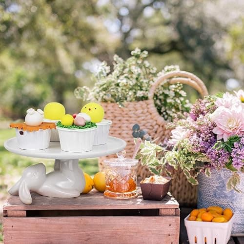 LA JOLIE MUSE Cupcake Stand, Easter Decorations, Ceramic Dessert Plates for Eggs and Cookies, Bunny Candy Dish Gifts, 8.3 Inch White thumbnail 7