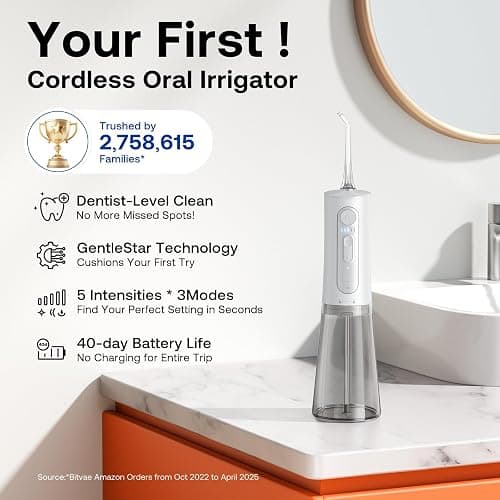 Bitvae Water Dental Flosser for Teeth, Rechargeable Water Teeth Cleaner Picks, 3 Modes 5 Intensities, IPX7 Waterproof, Oral Irrigator USB Cordless Water Dental Picks for Cleaning - Frost White thumbnail 2