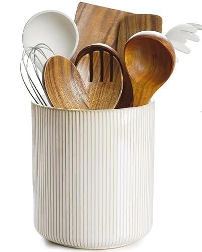 getstar Large Kitchen Utensil Holder for Kitchen Counter (H7.2” x W6.2”), Ceramic Cooking Utensil Holder with Cork Mat (Vintage, Large(7.2")) - Image 1