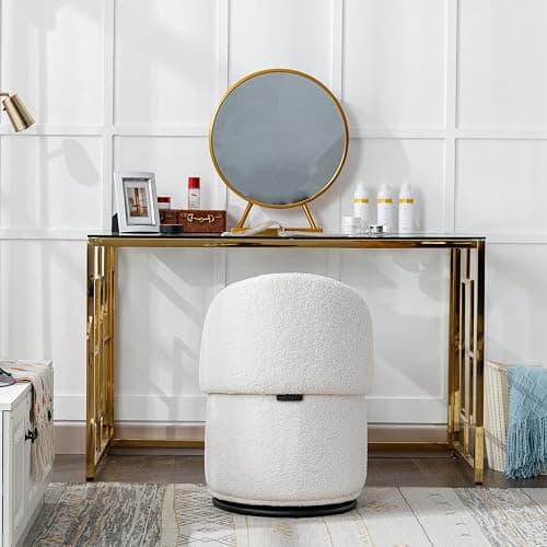 LukeAlon Sherpa Makeup Ottoman with Storage, Upholstered 360° Swivel Vanity Stool with Foldable Backrest Modern Cylindrical Footrest Stool for Living Room Bedroom, White thumbnail 8