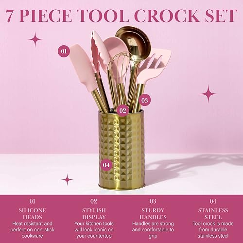 Paris Hilton Kitchen Set Tool Crock with Silicone Cooking Utensils, Stainless Steel Whisk and Ladle, 7-Piece, Pink and Gold thumbnail 3