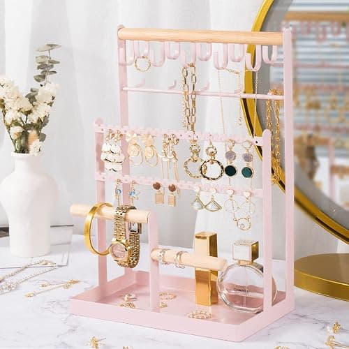 ProCase Jewelry Organizer Stand Necklace Organizer Earring Holder, 6 Tier Jewelry Stand Necklace Holder with 15 Hooks, Jewelry Tower Display Rack Storage Tree for Bracelets Earrings Rings -Pink thumbnail 2