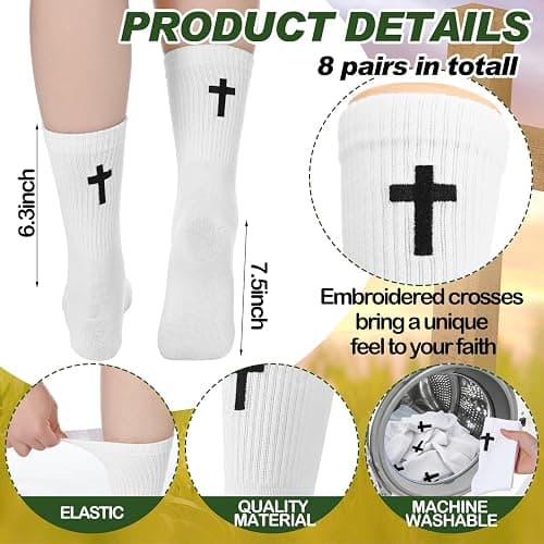Yearntown 6 Pairs Embroidered Cross Socks Christian Gifts Ideas Religious Catholic Jesus Sock Novelty Funny Crew Cross Socks for Men Women thumbnail 5