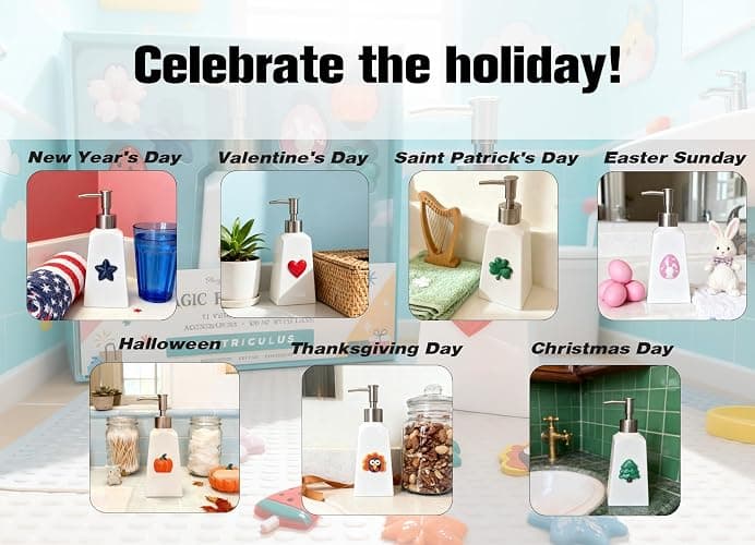Nestriculus Seasonal Soap Dispenser with 11 Interchangeable Magnets - Seasonal Decor - Farmhouse Bathroom Kitchen Decor (Resin,Built in Magnet) - 8.82oz (Silver) thumbnail 7