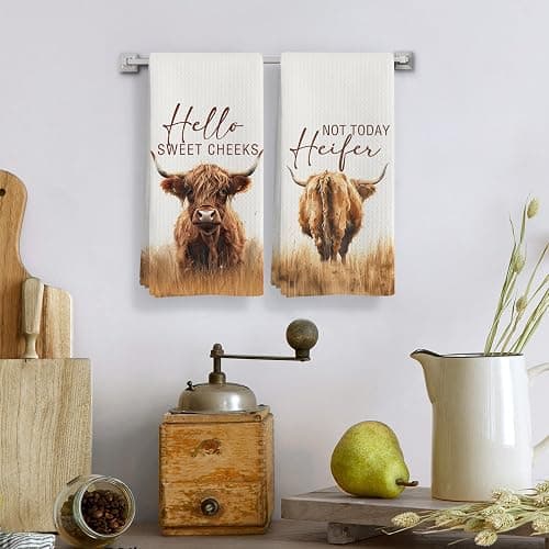 Qeheb Western Highland Cow Bathroom Decor Towels, Farmhouse Hello Sweet Cheeks Hand Towel Decorative Set, Christmas Bathroom Decor, Christmas Highland Cow Lover Gifts Hand Dish Tea Towels 16x24in thumbnail 2
