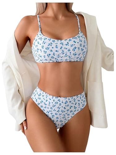 SOLY HUX Women's 2 Piece Bathing Suit Floral Print High Waisted Scoop Neck Cute Bikini Set Beachwear - Image 1
