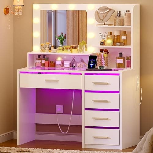 FIONESO Vanity Desk with Mirror and Lights, Makeup Vanity with Glass Top, 3 Colors LED Lights & Power Outlet, White Vanity with 5 RGB Drawers, Adjustable Lighted Vanity for Girls, Bedroom thumbnail 3