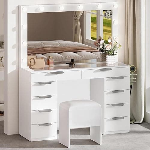YITAHOME 46" Glass Top Vanity Desk with LED Mirror, 11 LED Bulbs, 3 Adjustable Lighting Modes, 10-Drawer Makeup Vanity with PU Storage Stool, Dressing Table Built-in USB & AC Outlets thumbnail 3