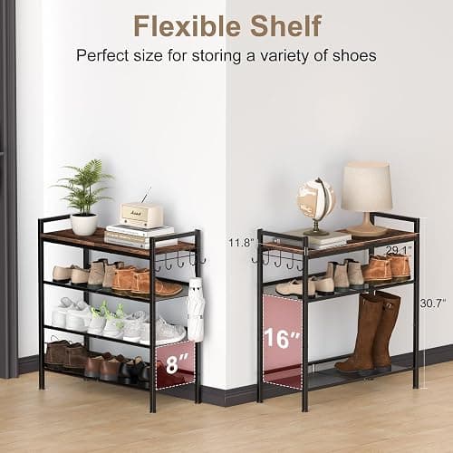 Refrze Shoe Rack for Front Door Entrance, 4 Tier Height-Adjustable Metal Shoe Rack, Sturdy Wooden Top and Tiltable Steel Frame Heavy Duty Shoe Organizer for Bathroom,Bedroom,Kitchen，Include Hook thumbnail 2