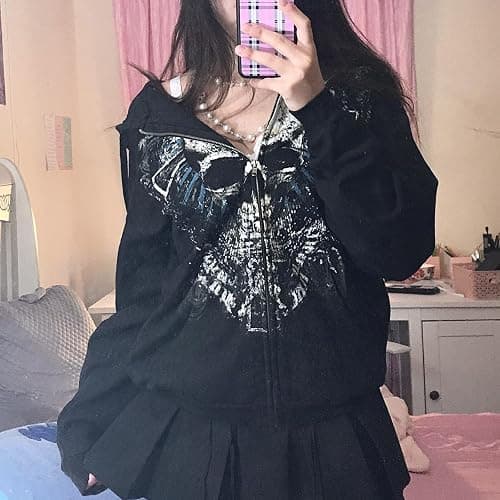 Meiweileya Women's Y2k Grunge Skull Graphic Zip Up Hoodies Emo Goth Skeleton Jacket Long Sleeve thumbnail 2