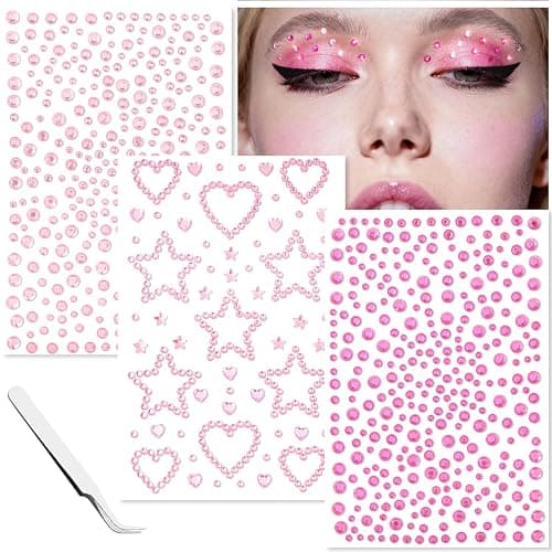 VVPESCA Pink Face Gems Self-Adhesive Hair Stickers Accessories for Women | Pink Hair Gems Bling Heart Star Jewels for Makeup, Festival Stick on Rhinestone Stickers, Glitter Rave Accessories for Girls - Image 1