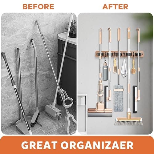 IMILLET Broom Holder Wall Mount, Rustic Wood Broom Hanger with 5 Racks and 4 Hooks, Laundry Room Organization and Storage, Mop Holder for Home Decor, Garden, Garage, Kitchen, Closet thumbnail 6