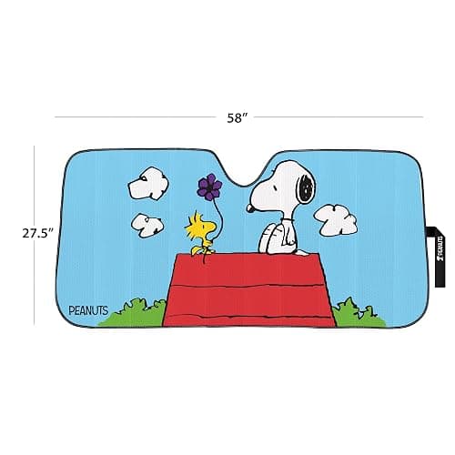 Peanuts Snoopy & Woodstock Auto Sunshade with Little Tree Air Freshener – Universal Fit Windshield Protector for Cars, Trucks & SUVs – Keeps Vehicle Cool & Fresh thumbnail 7