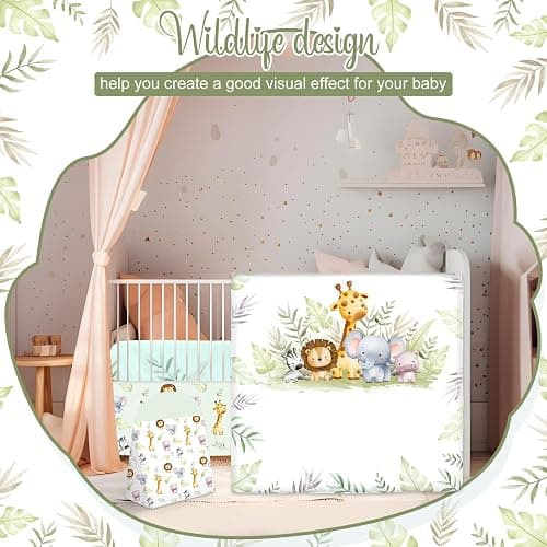 Hahafelt 4 Pieces Baby Crib Bedding Set for Girls and Boys, Soft Baby Bedding Set Including Crib Skirt, Comforter, Sheet and Diaper Stacker for Nursery (Wildlife Theme) thumbnail 7