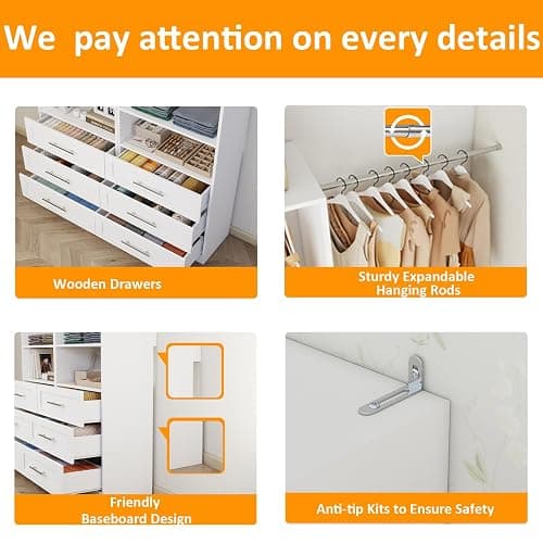 Secilix Closet System with 3 Wooden Drawers, 4.5-6FT Corner Closet Organizer System for Walk in Closet, Heavy Duty Modular Closet Systems, Built-in Shelving System with 5 Hanging Rods, 2-Piece Set thumbnail 5