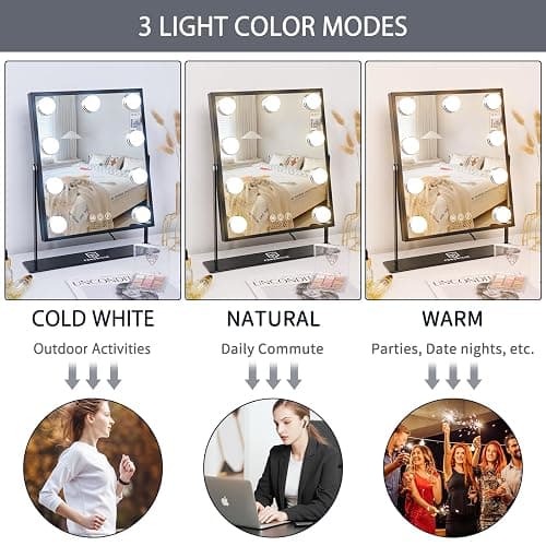 FENCHILIN Hollywood Mirror with Light 12.0W'' * 14.5L'' Lighted Makeup Mirror Vanity Makeup Mirror Smart Touch Control 3 Colors Dimable Light Detachable 10X Magnification 360°Rotation(Black) thumbnail 3