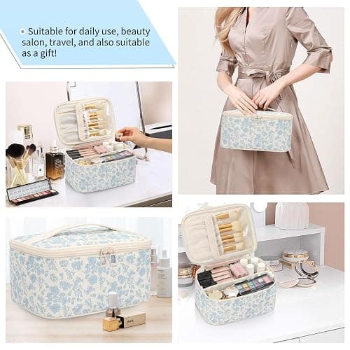 OCHEAL Makeup Bag Portable Cosmetic Bag For Women, Large Capacity Travel Makeup Case Organizer, Toiletry Bag for Girls Traveling With Handle and Divider-Flowers thumbnail 8