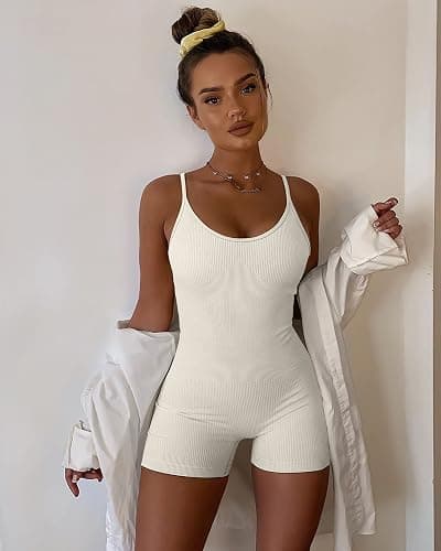 YIOIOIO Women Workout Seamless Jumpsuit Yoga Ribbed Bodycon One Piece Spaghetti Strap Shorts Romper thumbnail 6