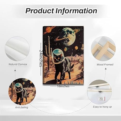 Ijeroain Black Space Cats Wall Art Funny Cat Wall Decor Pictures Cat astronaut painting artwork Cosmic planet Whimsical Print for Boys and Girls Room Bedroom home decoration 16x24in Canvas thumbnail 7