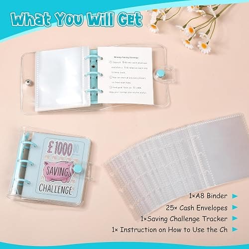 Mafegu Mini Money Saving Binder with 25 Envelopes, $1000 Savings Challenge Book, Portable for Budgeting Cash Planner,School Class Prize Gift (Purple, $1000) thumbnail 4