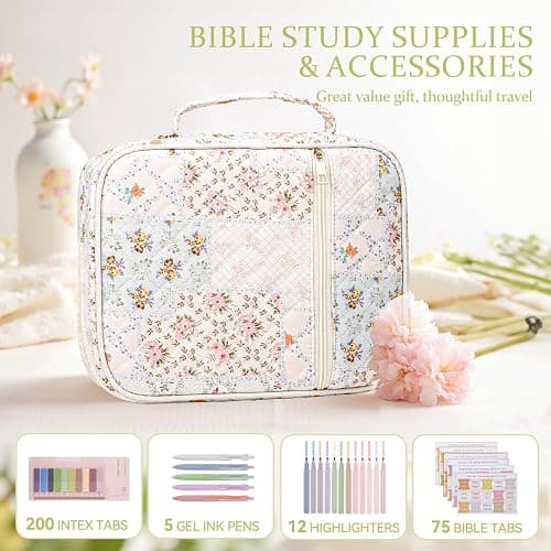 KOUDGY Bible Cover Case for Women Large Quilted Bible Carrying Bag with Handles Bible Study Supplies & Accessories Christian Gifts for Women(Spliced Flower, M) thumbnail 5
