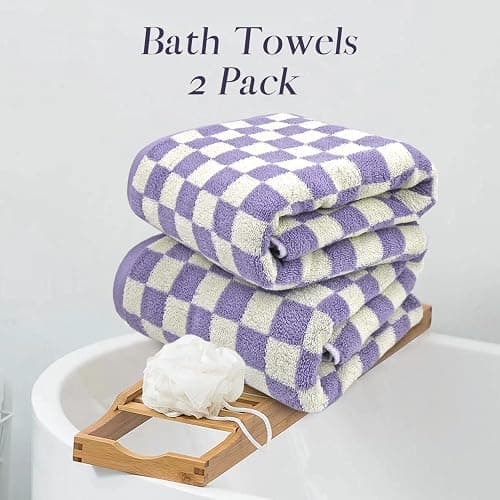 Jacquotha Shower Towels for Bathroom 27.5x55 Inches - Quick Dry Bath Towels Soft & Lightweight (2Pack), Cute Checkered Towel Sets Lilac, 520 GSM Absorbent Cotton thumbnail 5