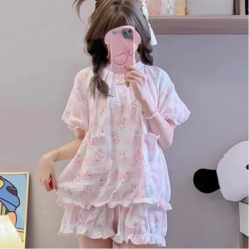 Wayolyn Y2K Jojifuku Cutecore Short Sleeve Shirt Shorts Sets Kawaii Bow Graphic Rabbit Pajamas Set Cute Pjs Summer thumbnail 3