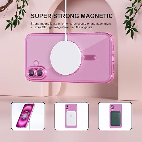 Misea Magnetic for iPhone 16 Plus Case Compatible with MagSafe [Never Yellowing] [Military Grade Drop Protection] Full Camera Lens Protector Plating Soft Clear Phone Case for Women 6.7 inch, Hot Pink thumbnail 5