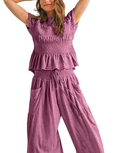 Antnation Womens 2 Piece Smocked  Top Wide-Leg Pants Set High-Waisted Lounge Outfit with Pockets Casual Boho Matching Set thumbnail 2